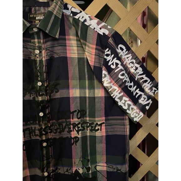 ATTITUDE PLAID Graffiti Print Plaid Button Down Shirt Men's 2XL - Picture 7 of 14